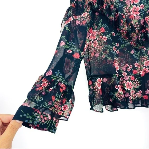 Zara Women Sheer Floral Long Sleeve Ruffled Layered Pink Black Cuffed Blouse SzM - Picture 5 of 15